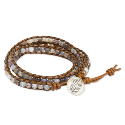 Hill Tribe Silver Button on Agate and Leather Wrap Bracelet