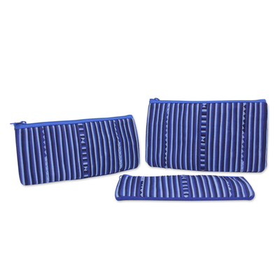 Thai Blue and White Cotton Blend Cosmetic Cases (Set of 3)