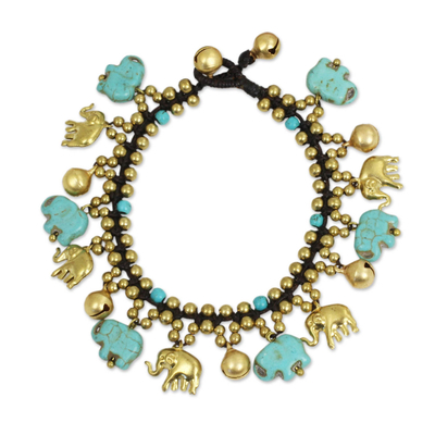 Elephant Charm Bracelet with Brass and Blue Calcite Beads