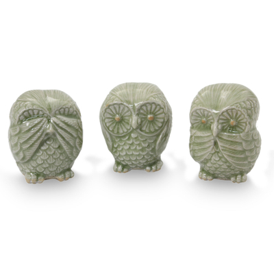 Fair Trade Green Celadon Ceramic Owl Statuettes (set of 3)