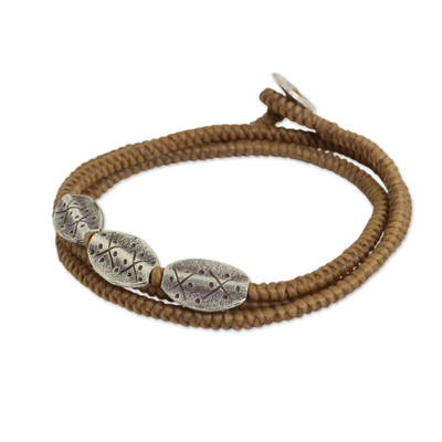Handmade Tan Cord Wrap Bracelet with 950 Silver Beads
