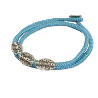 Light Blue Cord Wrap Bracelet with Silver 950 Pendants