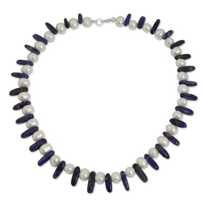 Beaded Lapis Lazuli and Pearl Necklace from Thailand