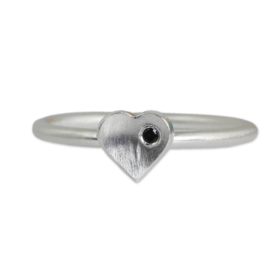 Handmade Brushed Sterling Silver and Onyx Heart Ring