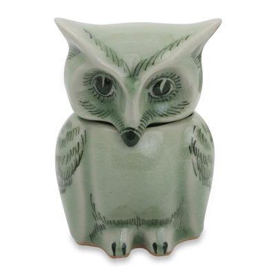 Fair Trade Green Celadon Ceramic Owl Jar with Lid