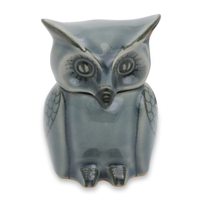 Artisan Crafted Small Blue Ceramic Owl Storage Jar