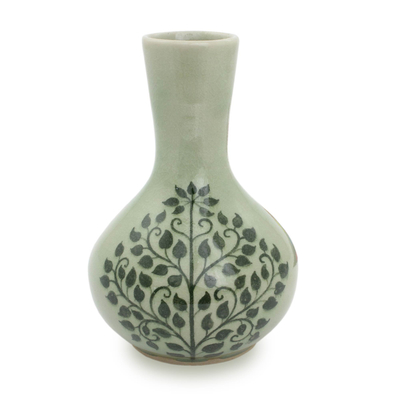 Fair Trade Thai Celadon Vase with Bodhi Tree Motif