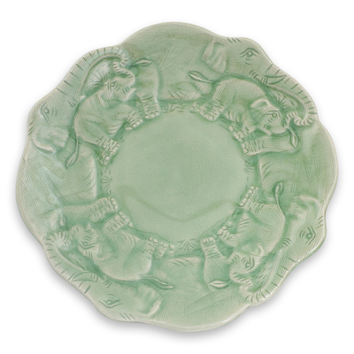 Artisan Crafted Elephant Theme Thai Celadon Ceramic Plate