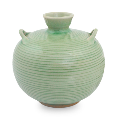 Artisan Crafted Green Thai Celadon Ceramic Bud Vase