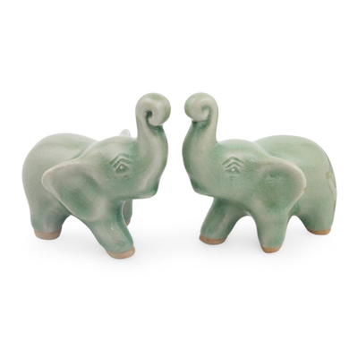 2 Green Celadon Ceramic Handcrafted Lucky Elephant Figurines