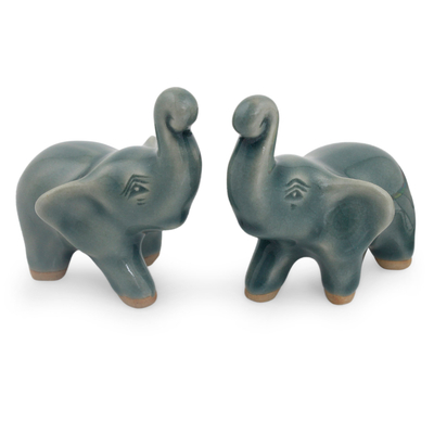 2 Blue Celadon Ceramic Handcrafted Lucky Elephant Figurines