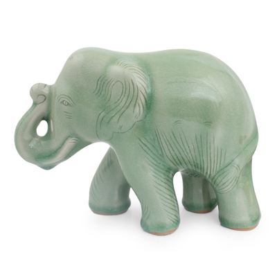 Celadon Ceramic Happy Elephant Figurine by Thai Artisans