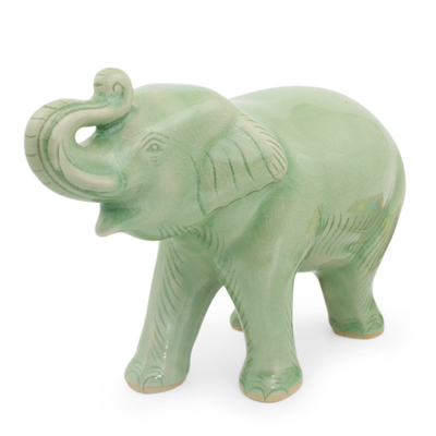 Thai Artisan Crafted Celadon Ceramic Elephant Figurine