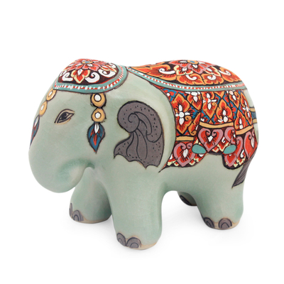 Artisan Crafted Thai Celadon Ceramic Elephant Statuette