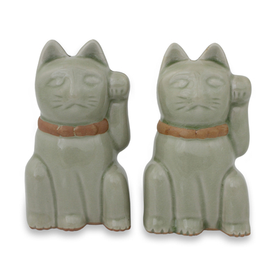 Lucky Cat Thai Celadon Ceramic Figurines in Green (Pair)