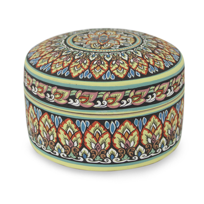 Intricately Painted Round Ceramic Jewelry Box with Lid