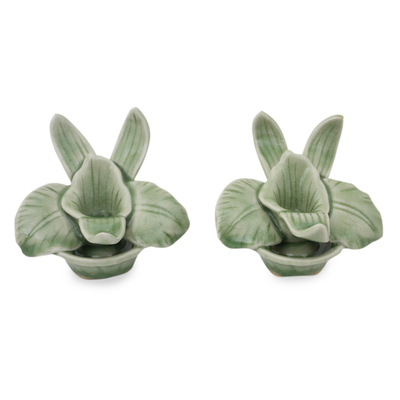 Green Celadon Ceramic Orchid Shaped Candle Holders (Pair)