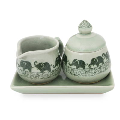 Elephant Cream and Sugar Set in Green Celadon Ceramic