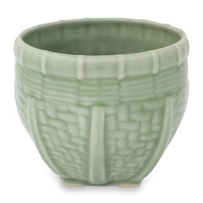 Handmade Green Ceramic Vase with Basket Motif (Medium)