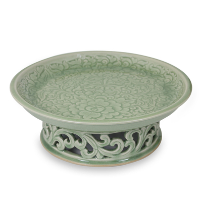 Green Floral Celadon Ceramic Serving Tray on Pedestal