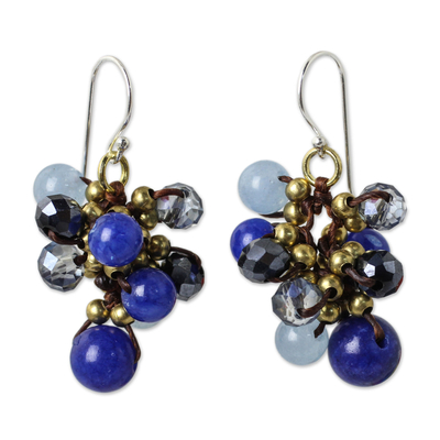 Blue Quartz and Brass Clusters on Hand Knotted Earrings