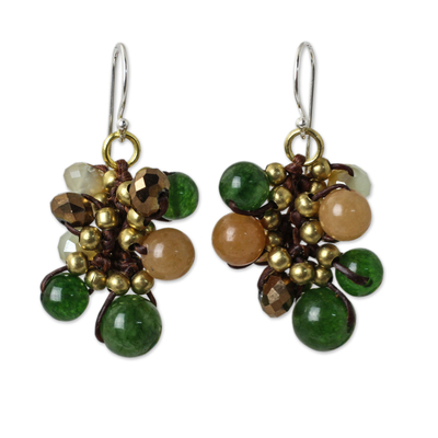 Artisan Hand Knotted Green Yellow Beaded Cluster Earrings