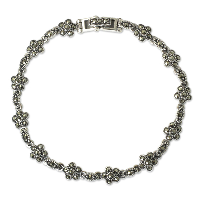 Unique Marcasite and Sterling Silver Floral Link Bracelet
