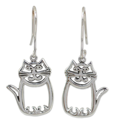 Cute Sterling Silver Cat Dangle Earrings from Thai Artisan