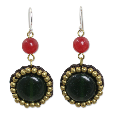 Dark Green and Bright Pink Quartz and Brass Earrings