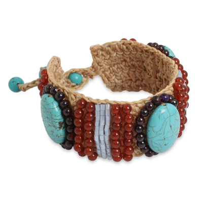Crocheted Bracelet with Calcite, Carnelian and Garnet Beads