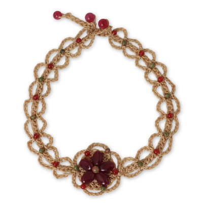 Artisan Crafted Necklace with Dark Pink Gemstone Flower