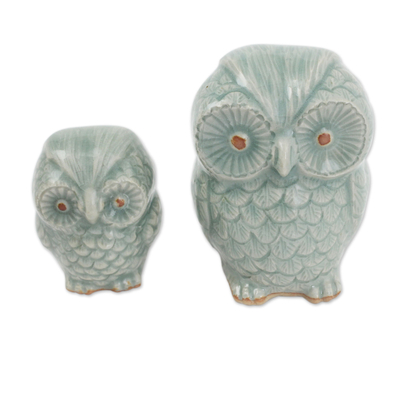 Hand Made Celadon Ceramic Owl Figurines from Thailand (Pair)