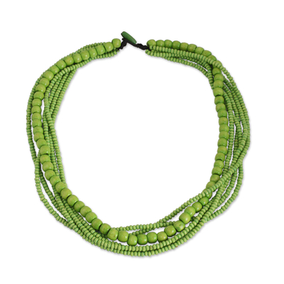 Long Multi Strand Bright Green Beaded Wood Necklace