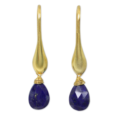 Lapis Lazuli and 24 Gold Plated 925 Silver Dangle Earrings