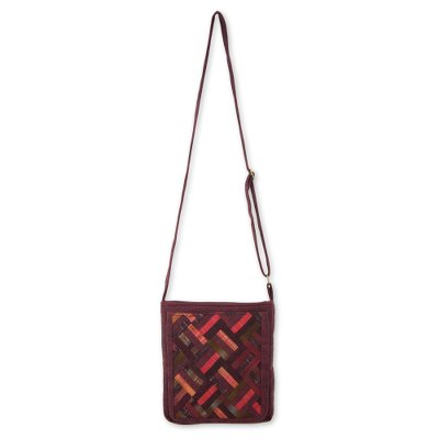 Thai Applique Red Cotton Shoulder Bag with 3 Pockets
