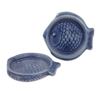 Authentic Deep Blue Thai Celadon Ceramic Coasters (Pair)