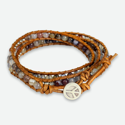 Agate and Leather Wrap Bracelet with Hill Tribe Silver