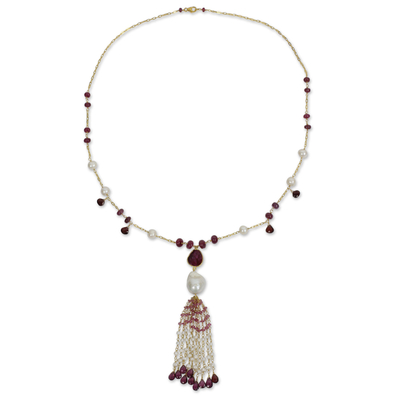 Gold Plated Silver and Gemstone Necklace with Pearl and Ruby