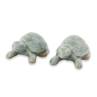 Celadon Ceramic Turtle Sculptures in Light Blue (Pair)