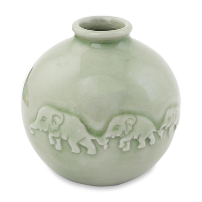 Round Celadon Ceramic Elephant Vase with Glazed Finish
