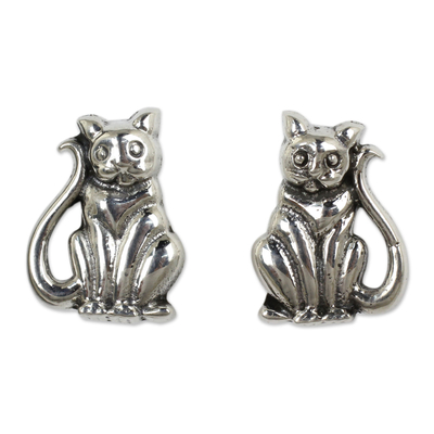 Cat Theme Hand Crafted Sterling Silver Button Earrings
