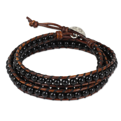 Onyx and Leather Wrap Bracelet with Hill Tribe Silver Clasp