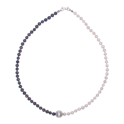 Grey and White Pearl Strand Necklace with 950 Silver