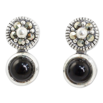 Onyx Marcasite Earrings in Sterling Silver Vintage Style