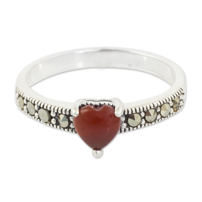 Thai Silver and Marcasite Ring with a Red Onyx Heart