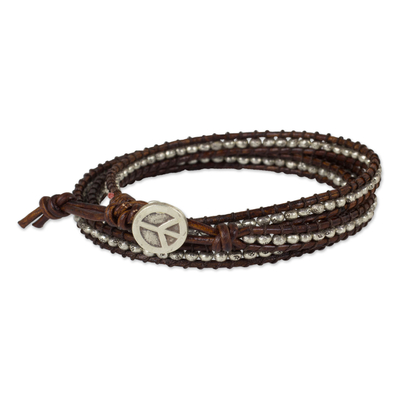 Thai Hill Tribe Silver Beads on Leather Wrap Bracelet