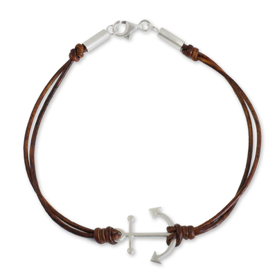 Fair Trade Brown Leather Bracelet with Silver Anchor