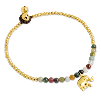 Elephant Charm Agate and Beaded Brass Anklet