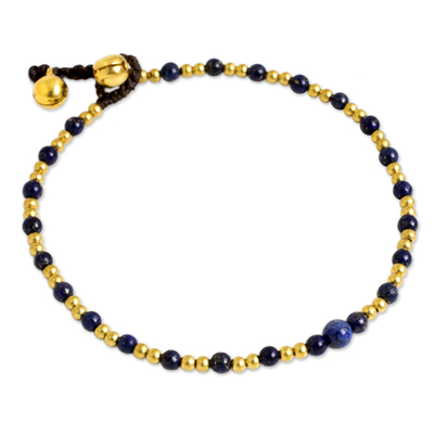 Single Strand Brass Bead Anklet with Lapis Lazuli