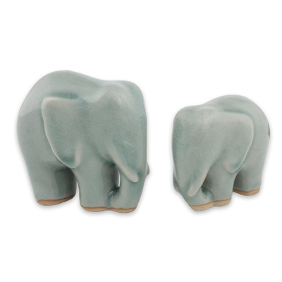 Light Blue Celadon Ceramic Figurines of Elephants (Pair)